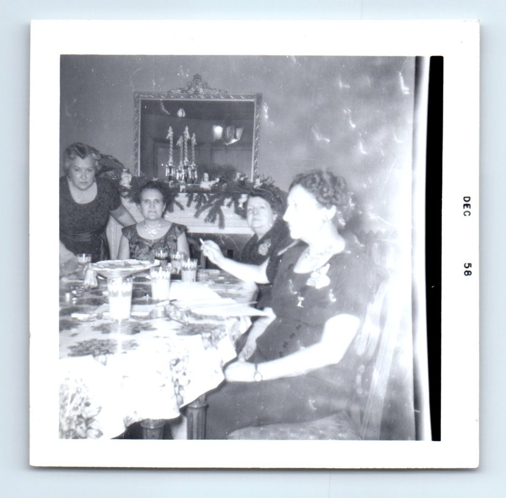 Old Vintage Square Photo GROUP WOMEN AT DINNER TABLE SMOKING CIGARETTE PIC