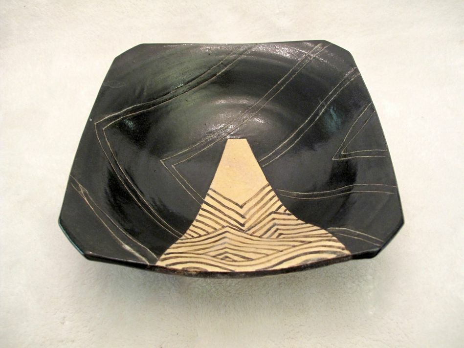 Japanese ORIBE Black & Cream GEOMETRIC Graphic Abstract Modern Art Bowl Dish-image
