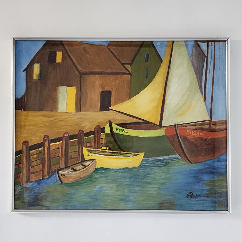 Vintage Mid-Century Oil Painting Harbor Scene Sailboats Nautical MCM Signed Art