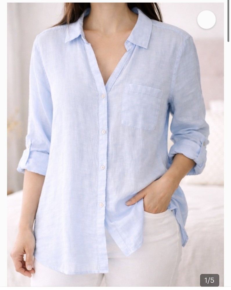 100% Linen Sigrid Olsen Linen Light Blue Button-Down Blouse Long Sleeve L