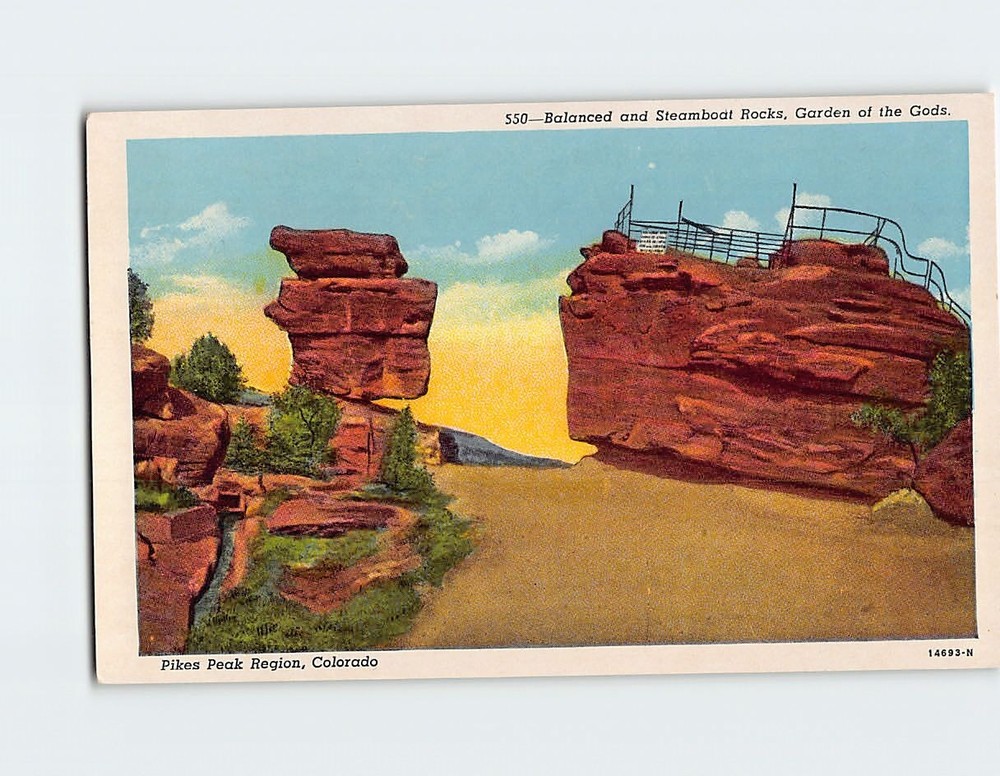 Postcard Balanced and Steamboat Rocks Garden of the Gods Colorado USA