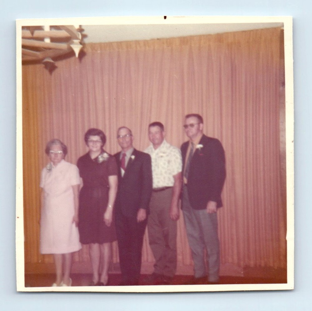 Old Vintage Square Color Photo MEN WOMEN STANDING ON STAGE 1973 SNAPSHOT PIC
