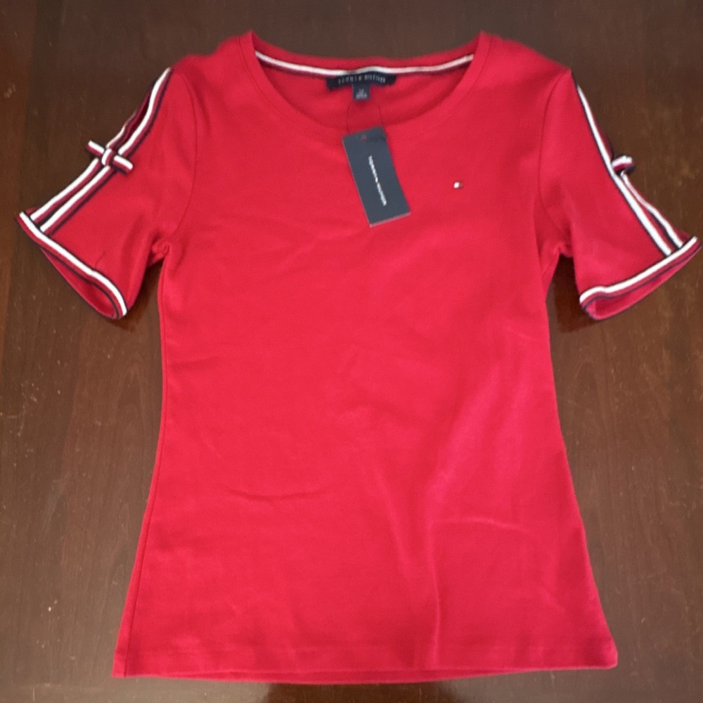 Tommy Hilfiger Red Cotton Short Sleeve T-Shirt Bow Accent Striped Trim Size S