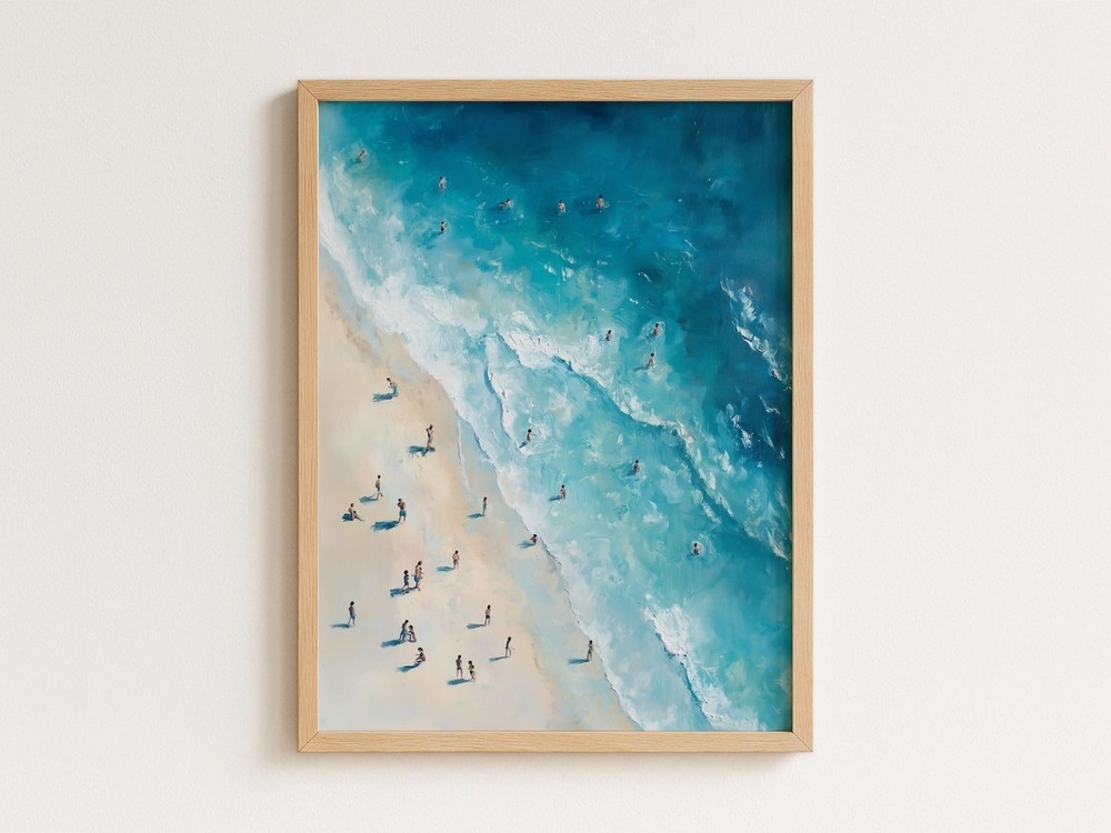 Aerial Beach View Wall Art Print Tiny People Swimming Coastal Summer Decor