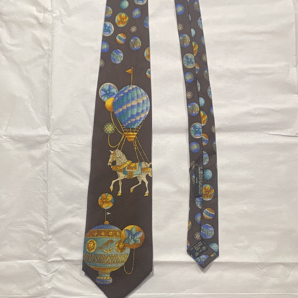 Leonard Paris Men's Silk Brown/Blue/Gold Geometric Designer Tie Abstract Print