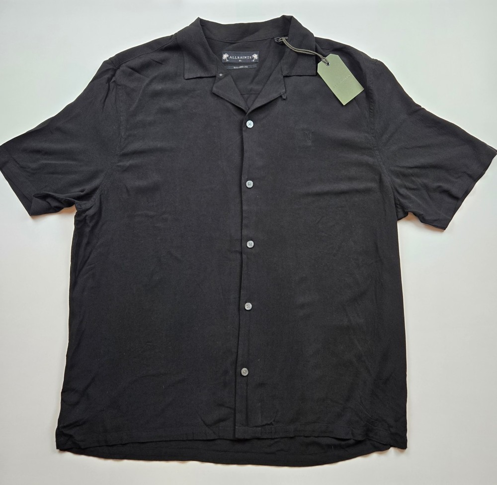 AllSaints Venice Short Sleeve Shirt Mens XL Black Ramskull Camp Collar NWT