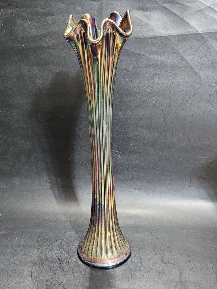 Vintage Fenton Fine Rib Blue Carnival Glass Swung Vase 15 1/2