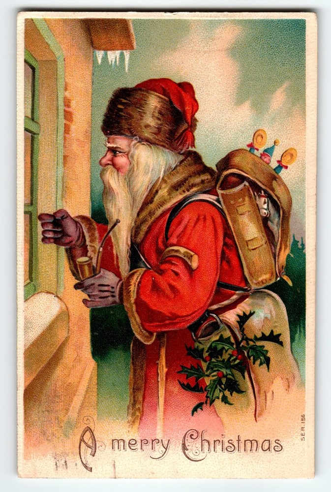 Vintage Old World Santa Claus Christmas Postcard with Toys & Holly - 1910