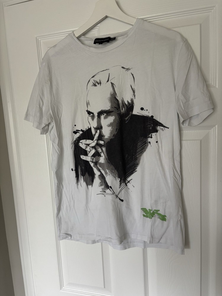 Emporio Armani Men's L White Graphic Cotton Crew Neck Short Sleeve Tee