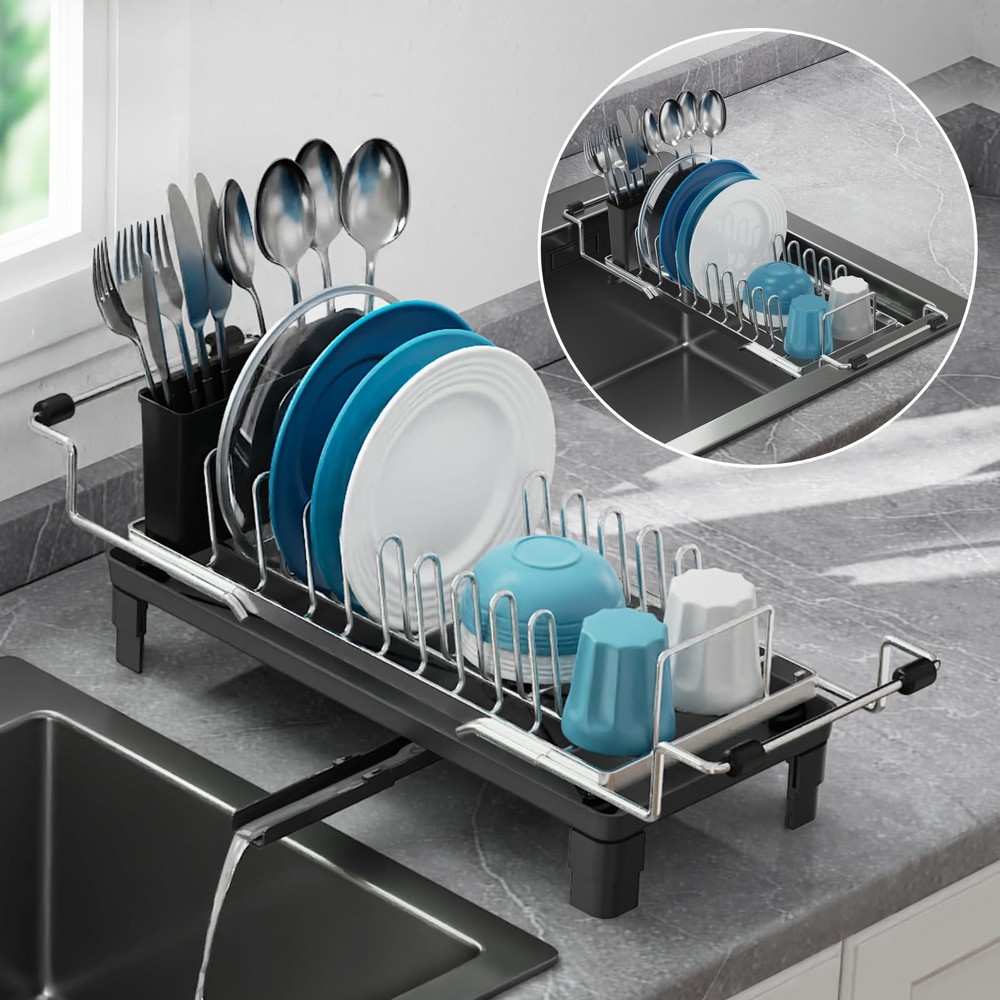Small Dish Drying Rack for Counter or Over Sink, Stainless Steel Expandable D...