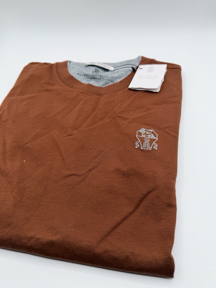 BRUNELLO CUCINELLI Brown Embroidered Layered Short-Sleeve T-Shirt, Size L