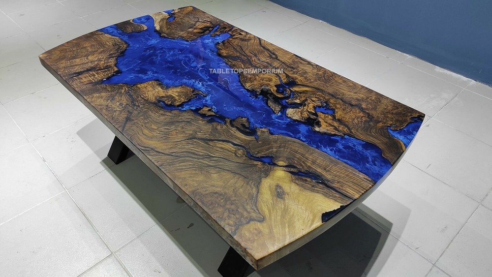 Acacia Wood Dining Table with Blue Epoxy Resin Top for Modern Home Decor-image
