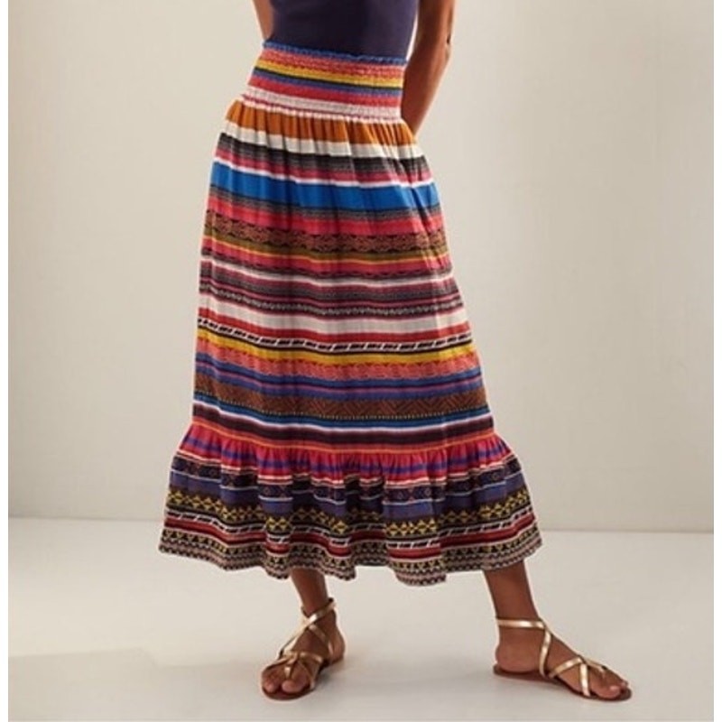 Anthropologie Striped Flounce Tiered Midi Skirt