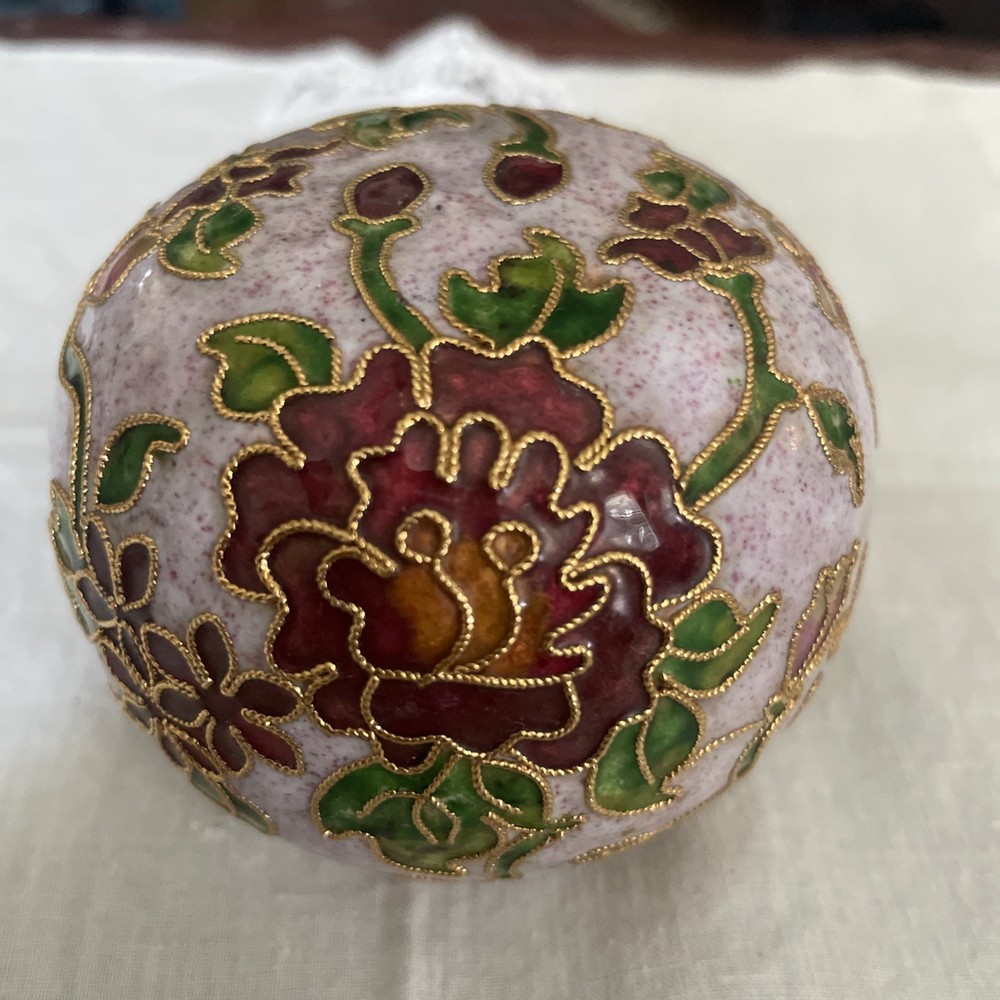 Vintage Chinese Cloisonne Enamel Brass Floral Round Paperweight Rare Flower Top4”