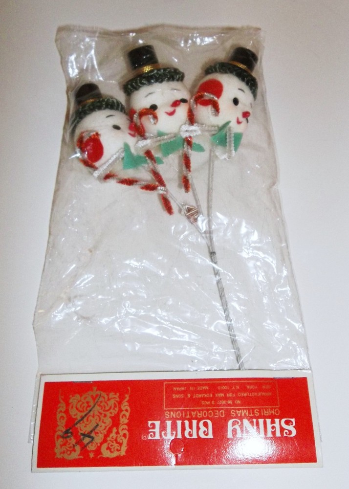 3 Sealed Vtg Shiny Brite Spun Cotton Pipe Cleaner Snowmen Christmas Decorations