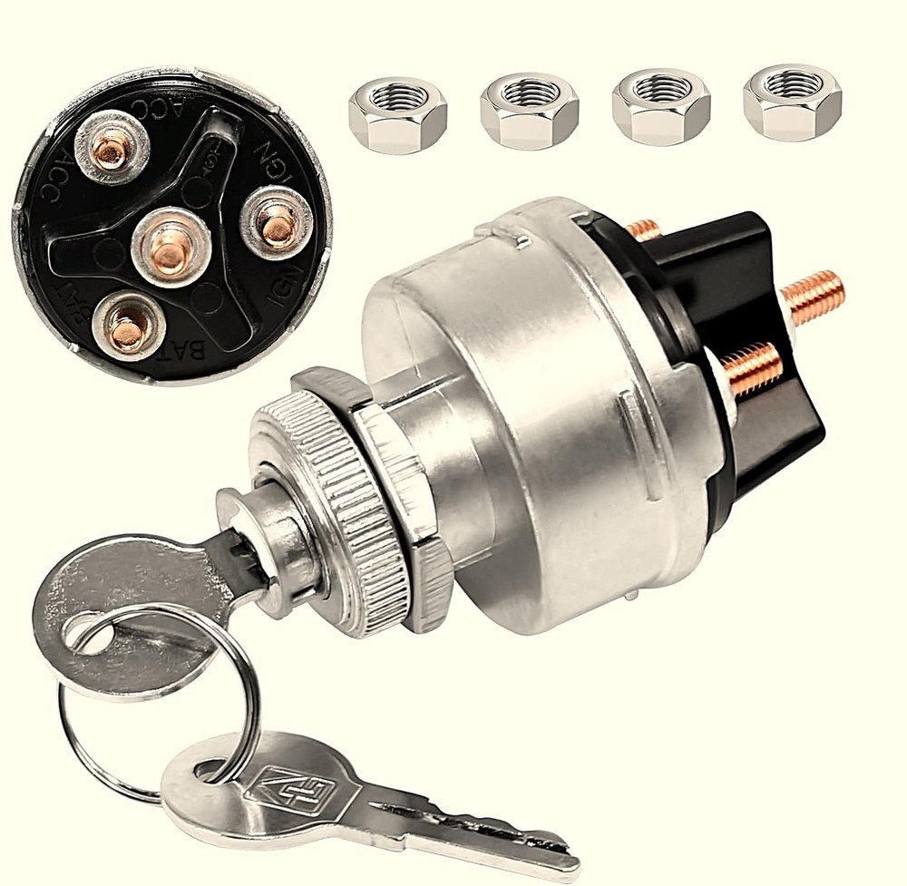 Universal 12V Ignition Key Switch 4 Position Starter with Wires Set Silver Metal