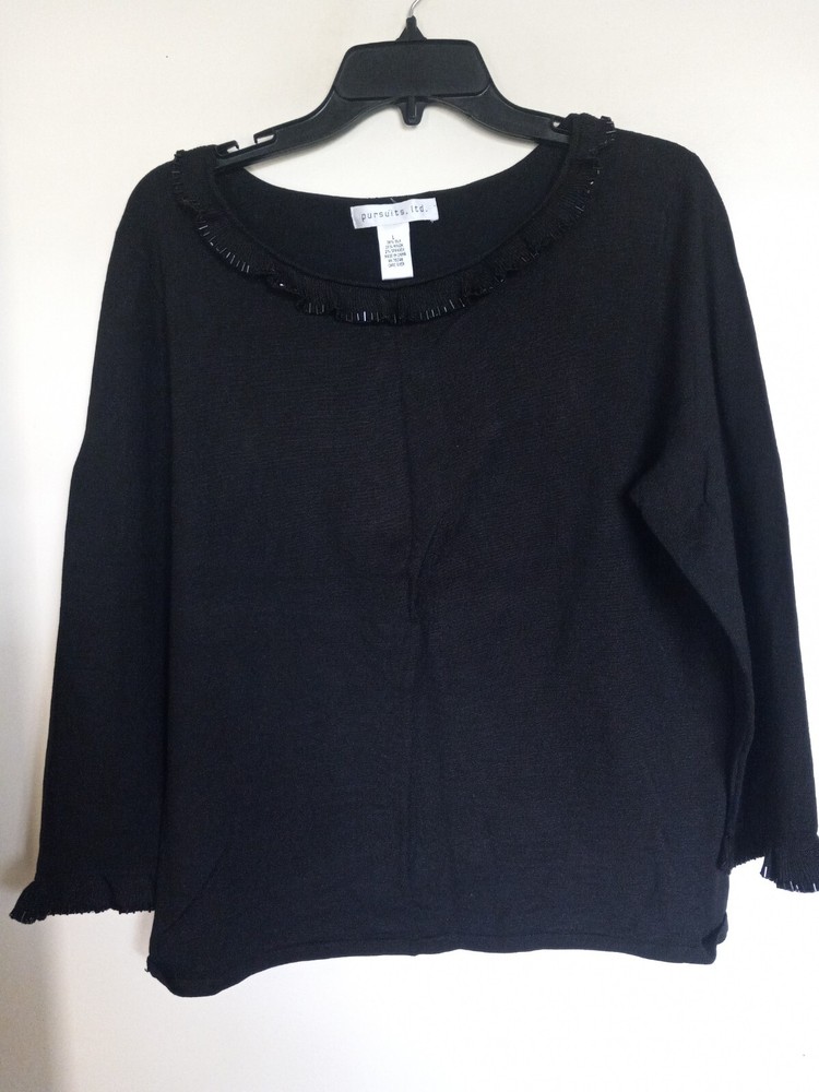 PURSUITS WOMEN'S BLACK BEADED SLEEVE NECK  SILK BLEND  TOP SHIRT SIZE L