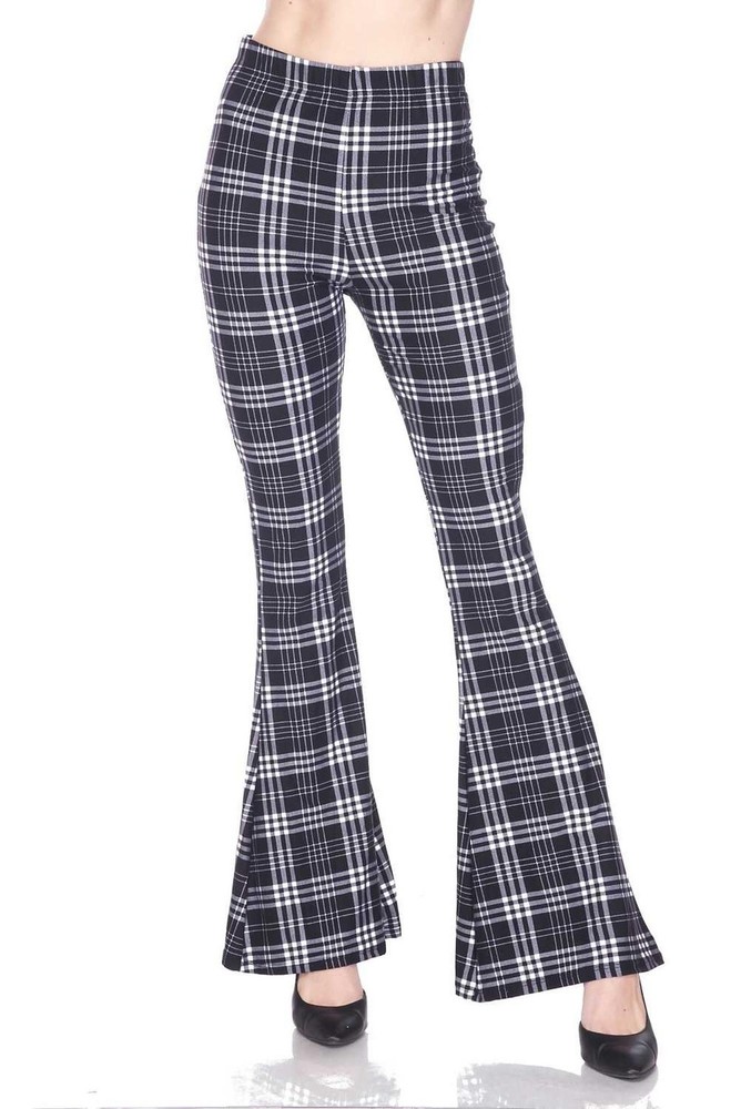 Buttery Smooth Traditional Black and White Plaid Bell Bottom Leggings Black S