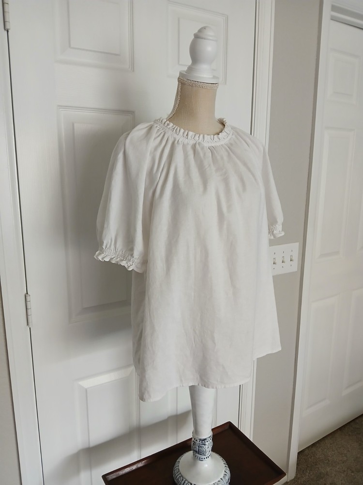 White Linen Blend Womens Short Puff Sleeve Top XL Cottage Fairy Artsy Lagenlook