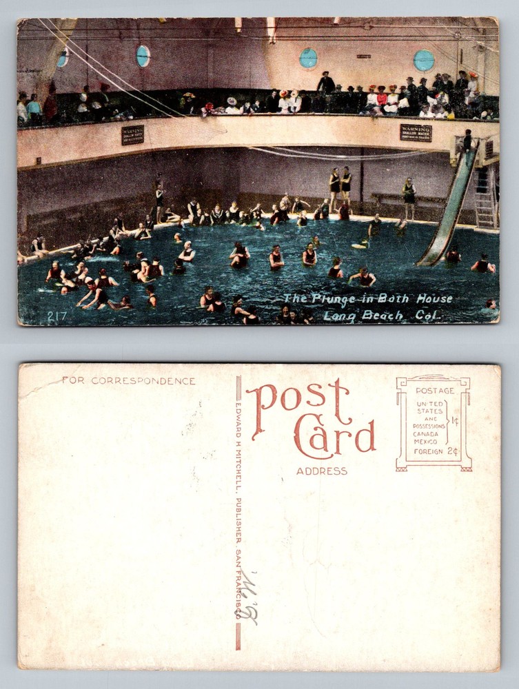 Long Beach, CA-California, Plunge Bath House Indoor Pool Crowd Vintage Postcard