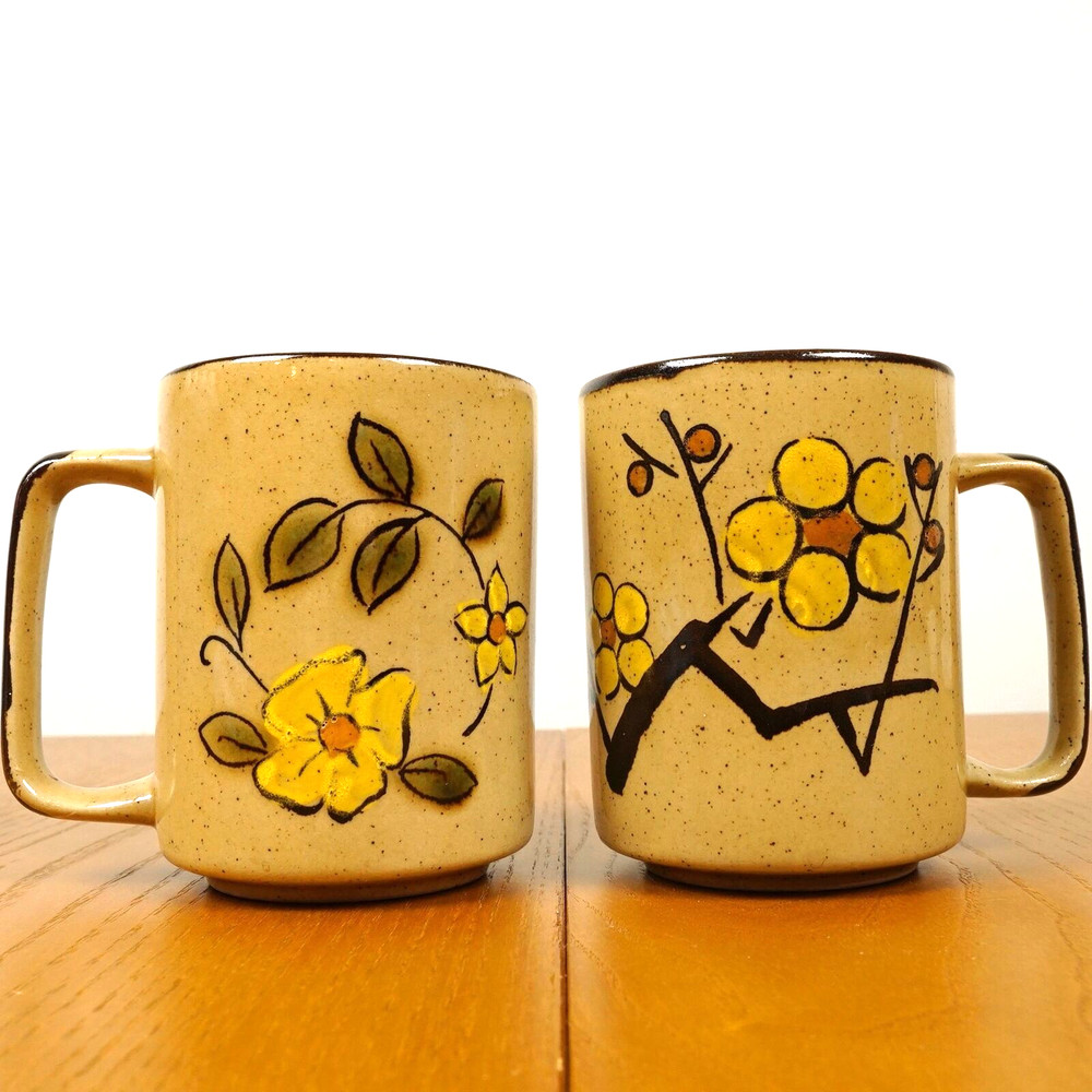 Otagiri Vintage Stoneware Coffee Mug Set 2 Yellow Flower Tankard Speckled Japan