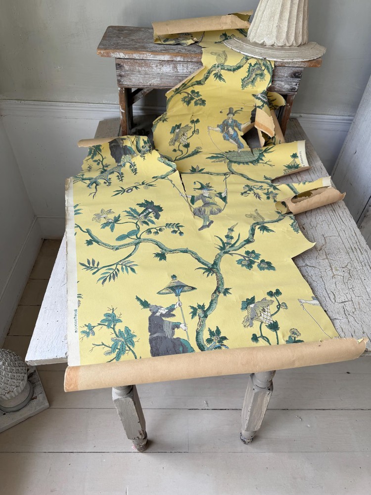 Scrap piece damaged French vintage Wallpaper yellow chinoiserie pattern design