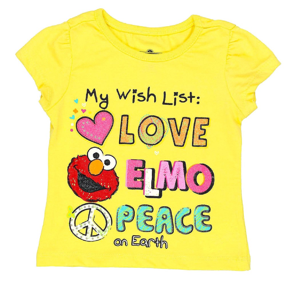 Sesame Street Girls T-Shirt Yellow WishList Love Elmo Peace 12M/3T/4T 11z