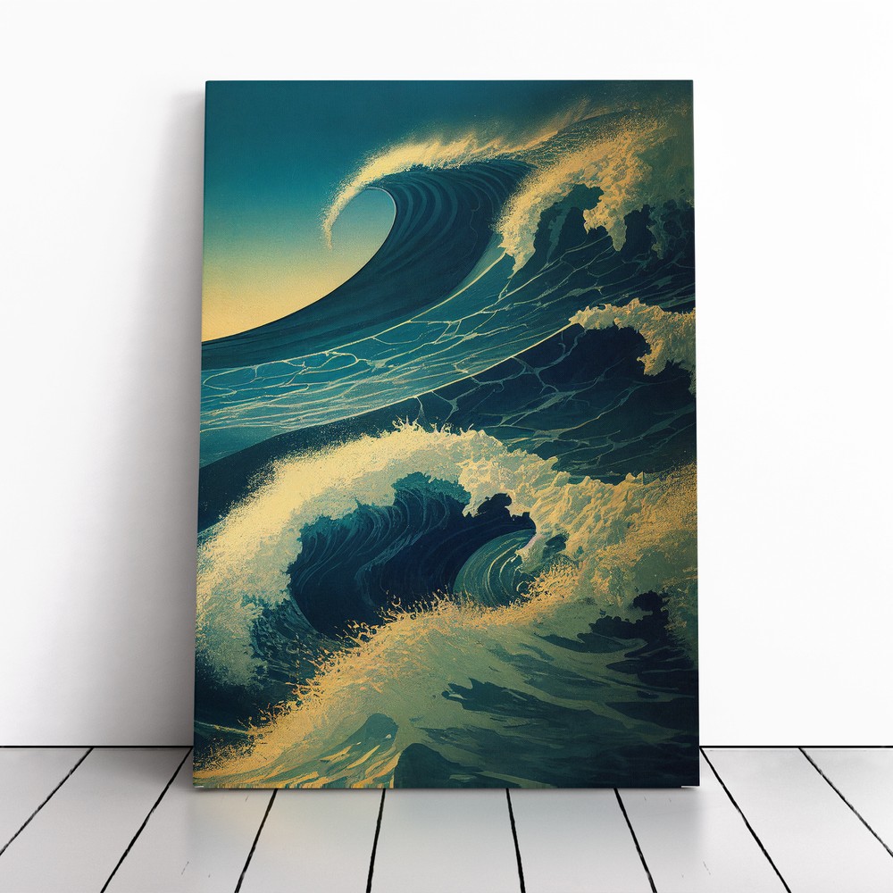 Ocean Wave At Sunrise No.4 Canvas Wall Art Print Framed Picture Dining Room