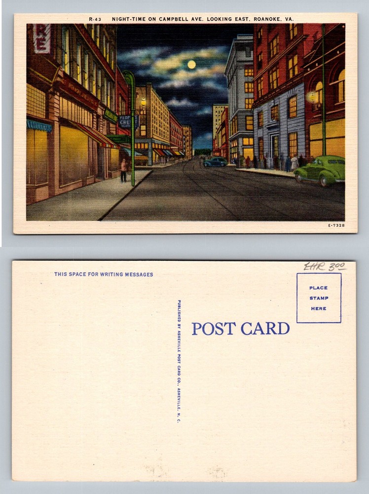 Roanoke, VA-Virginia, Night Time Campbell Ave Looking East Vintage Postcard
