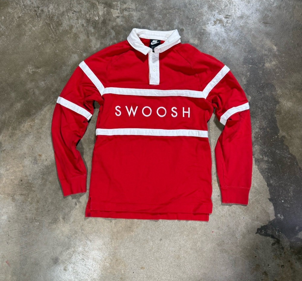 Nike Swoosh Spellout Rugby Polo Long Sleeve Shirt Red Men's Size S