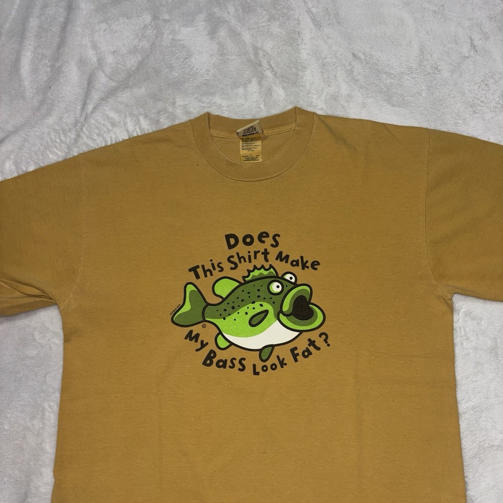 Vintage Fishboy Shirt Does This Make My Bass Look Fat Funny Humor Yellow Large