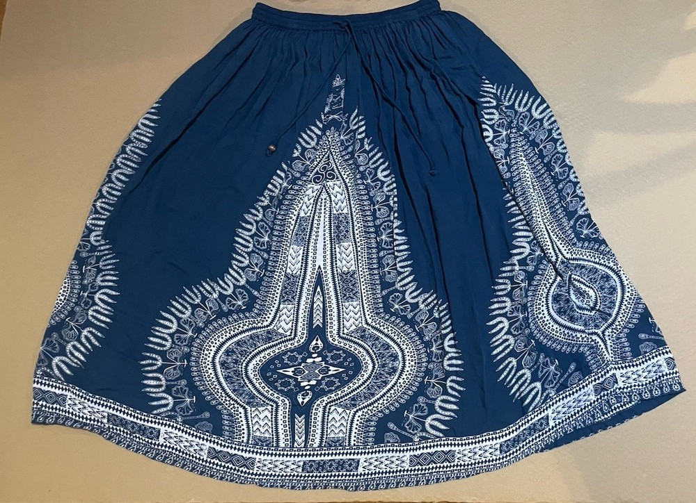Gypsie Blu Skirt Size Small Stretch Waist Blue White Flowy Long Maxi Boho