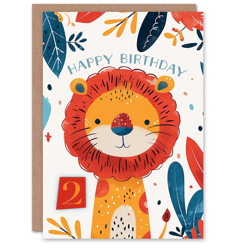 Birthday Card Cute Jungle Lion Bright Cartoon Drawing 2nd 2 Year Old Child Kids