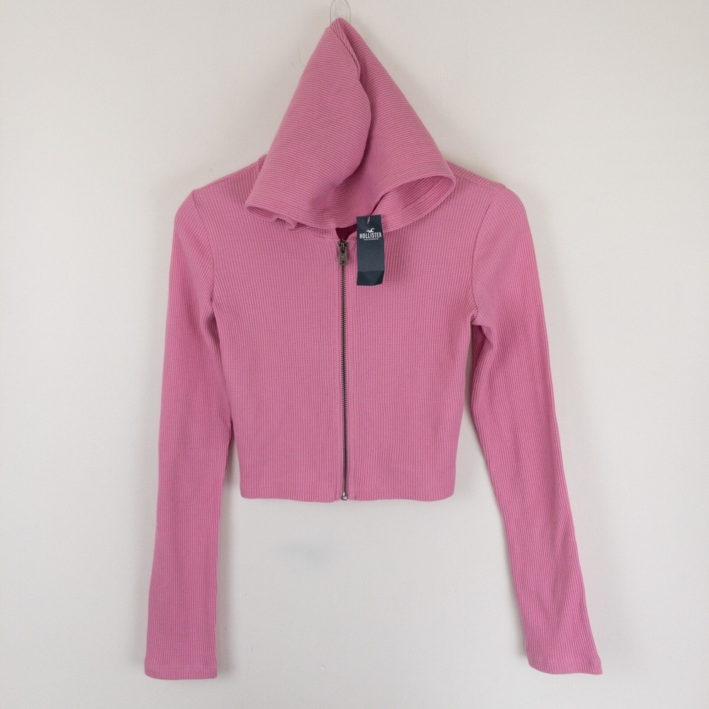 Hollister Hoodie Womens XXS Pink Cropped Full Zip Waffle Knit Cotton Blend New