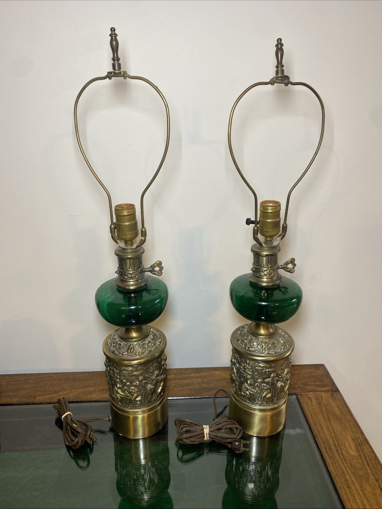 Set Vtg Mid Century Hollywood Regency XL Optical Green Glass & Brass Table Lamp
