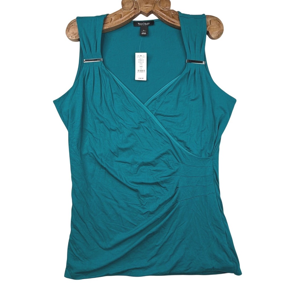 White House Lotus Teal Surplice Sleeveless Ruched Top Large office contemporary