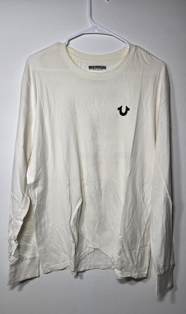 True Religion Men's Long Sleeve T-Shirt XL Off-White Buddha Guitar Graphic Tee