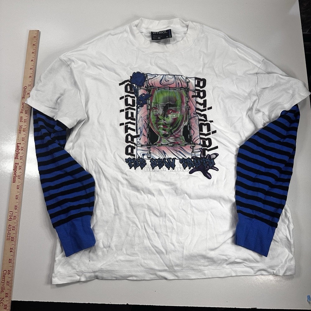Vitriol Men's Long Sleeve Graphic Print Striped Sleeve T-Shirt White Size L