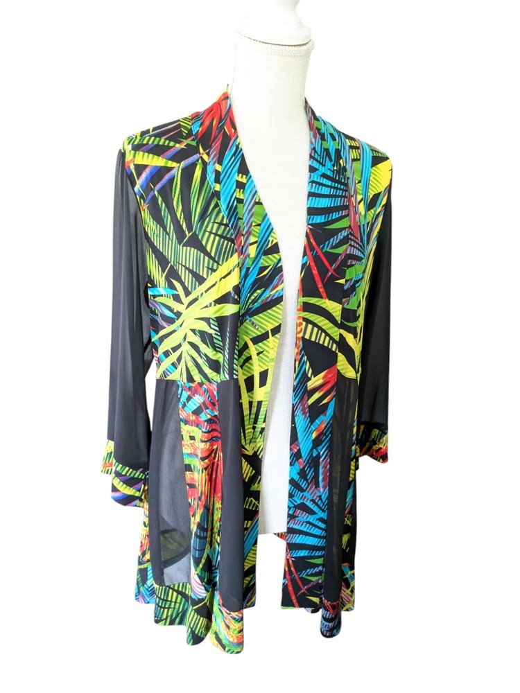 Ali Miles Open Front Cardigan Artsy Floral Stretch Colorful Mesh Women's M