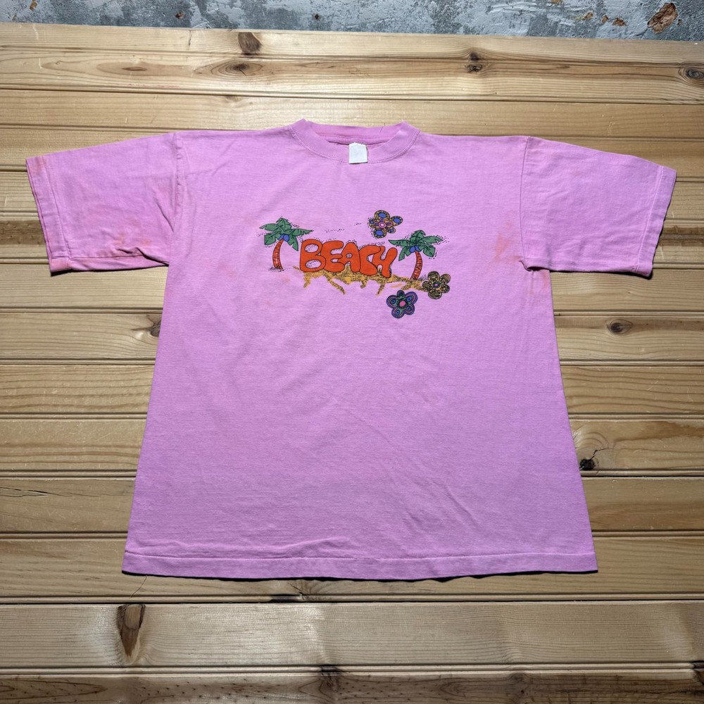 Vintage 90s Beach Palm Tree Flowers Summer Tropical Surf Graphic T-Shirt Medium