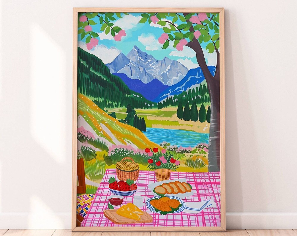 Picnic In The Mountain Food Illustration Colorful Scenery Wall Art