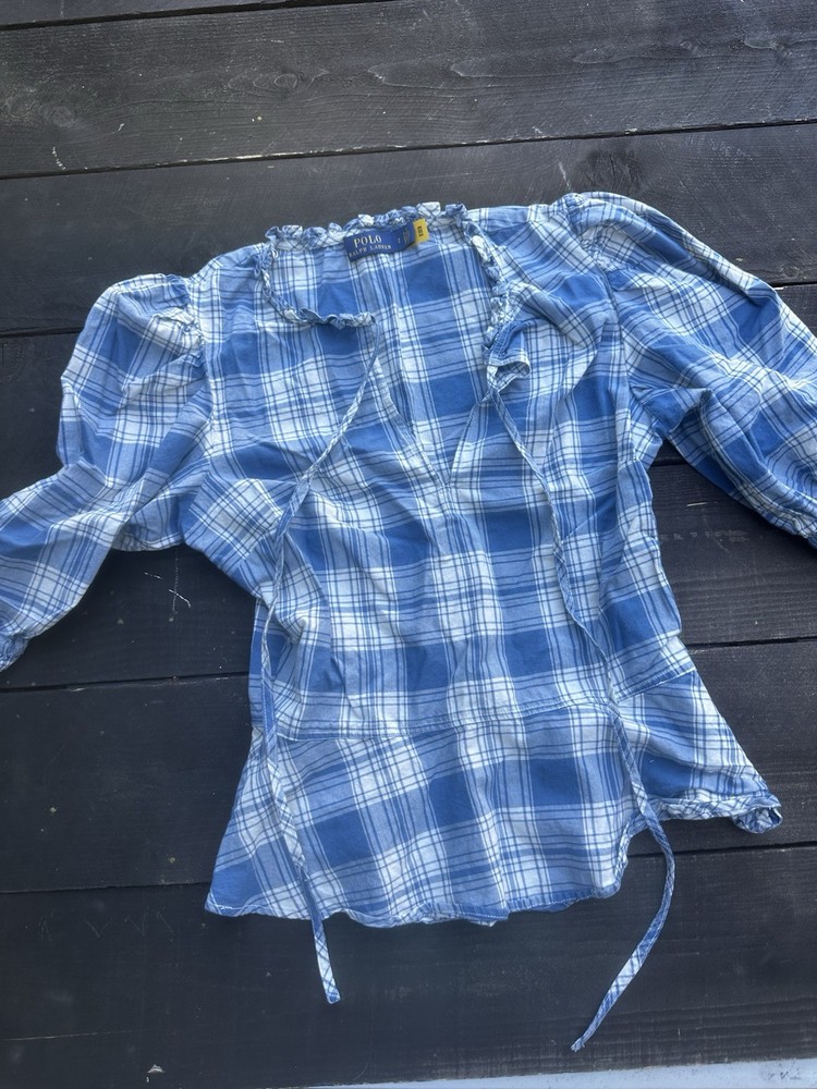 Polo Ralph Lauren Women Madras Plaid Ruffle-Trim Peplum Top Size 2