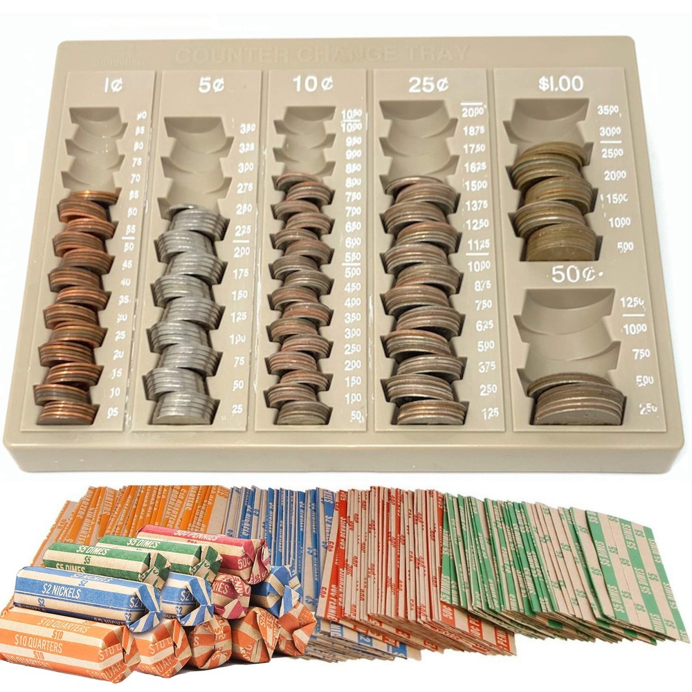 Coin Counter and Sorters Money Tray – Bundled with 64 Coin Roll Wrappers – 6 ...
