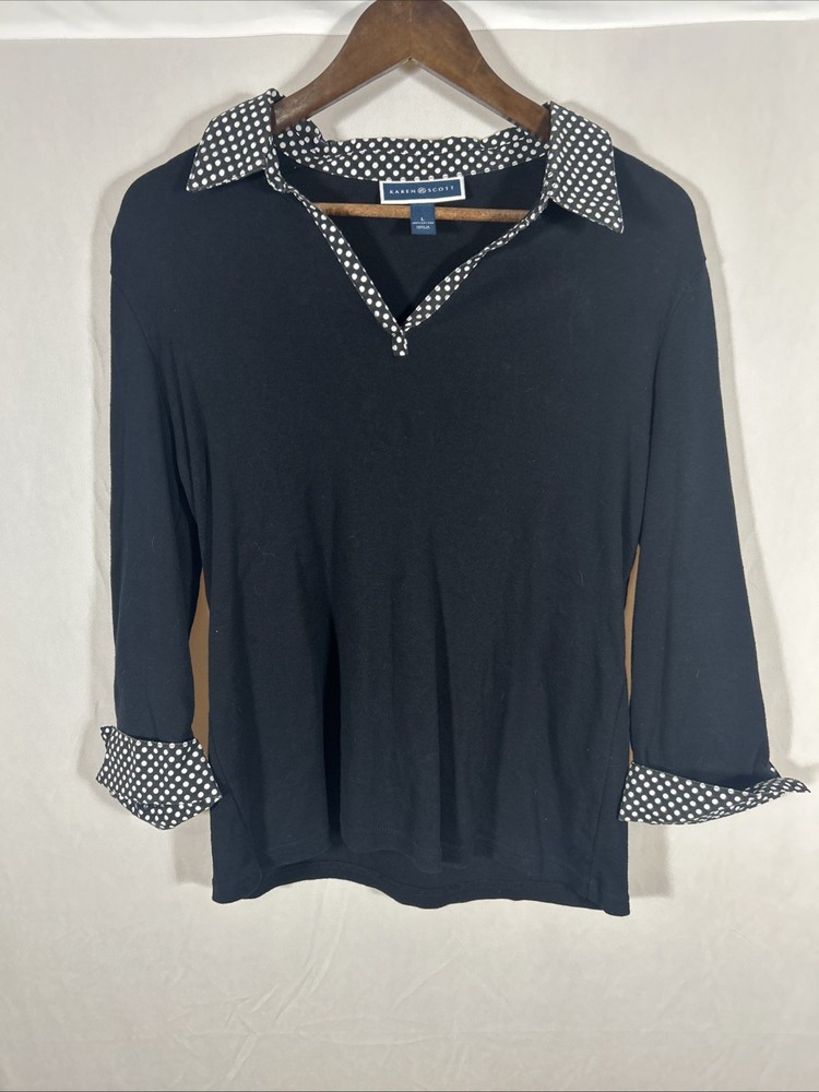 Karen Scott Women’s Black Cotton Polka Dot Collar 3/4 Sleeve Top Size L