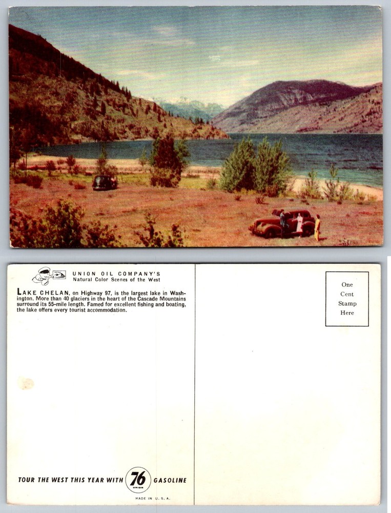 Lake Chelan WA Vintage Postcard Union Oil 76 Gasoline Natural Color Cars