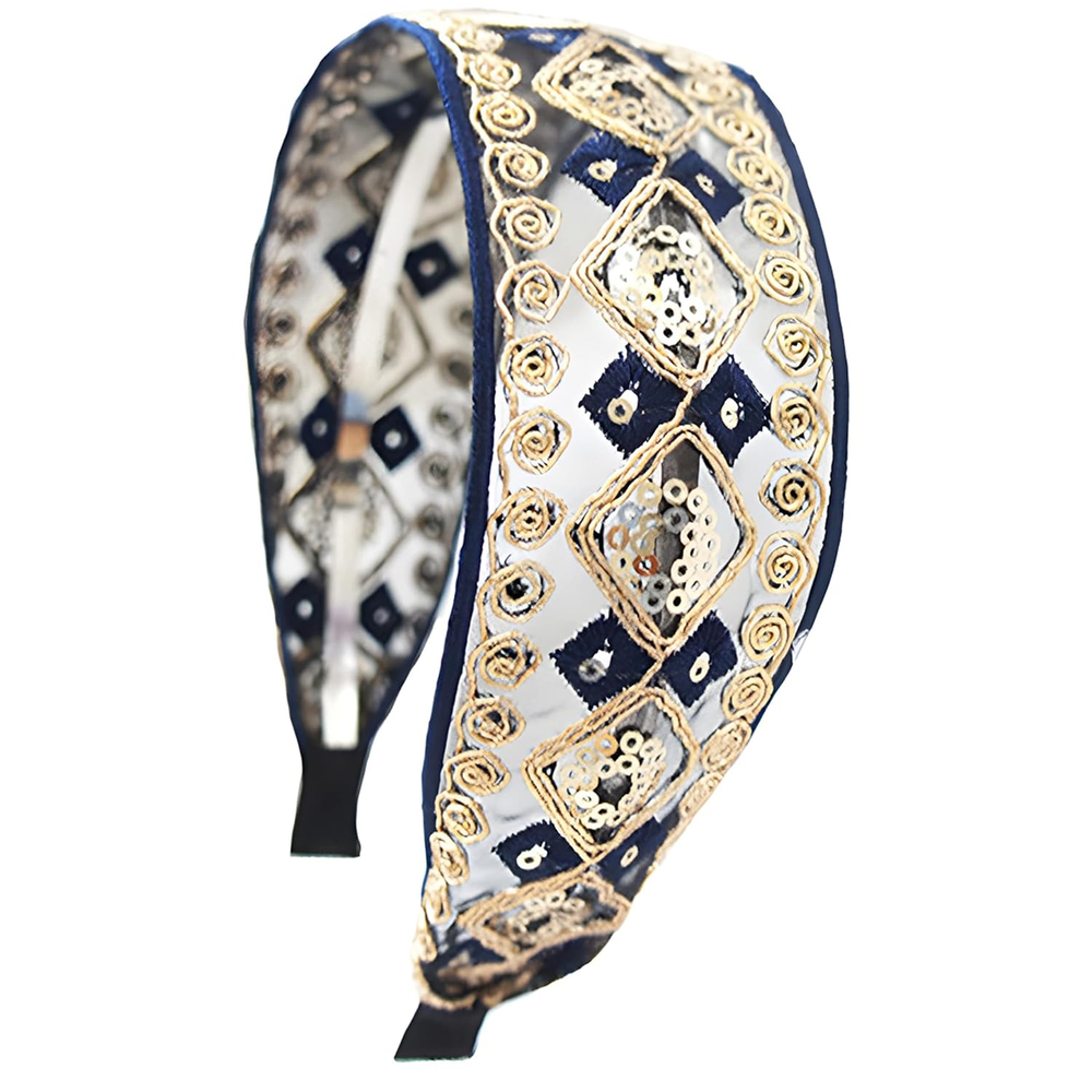 Boho Sequined Embroidery Elastic Non-Slip Blue Metal Wedding Headband