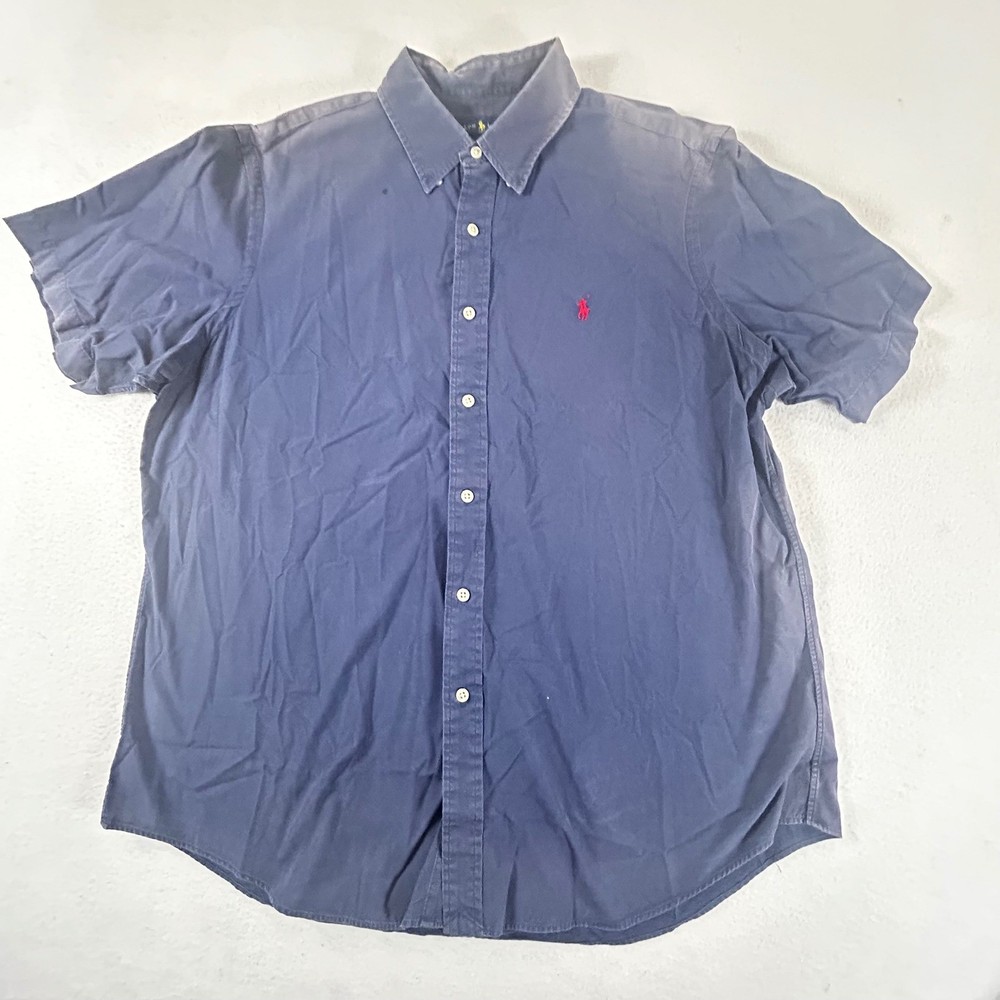 Ralph Lauren Mens Short Sleeve Button Up Shirt Blue Polo Pony Logo Size XL TG