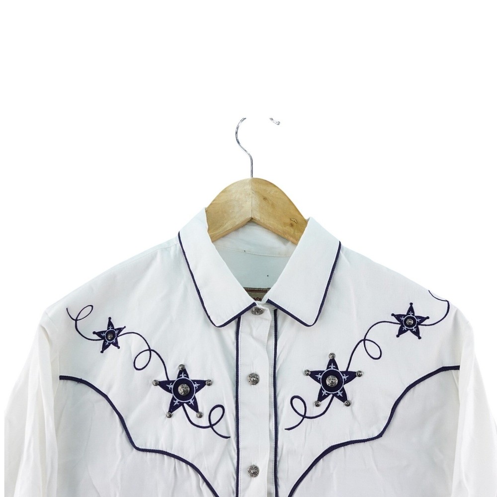 VTG Roper Womens M Western Shirt White Long Sleeve Stars Embroidered Button Up