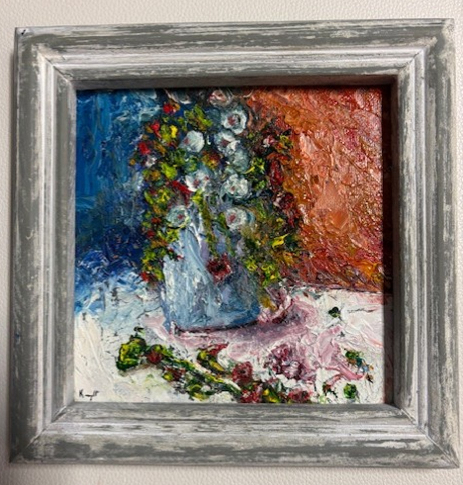 Original Oil Painting Floral Still Life – Framed 7.5x7.5 – Textured, Signed