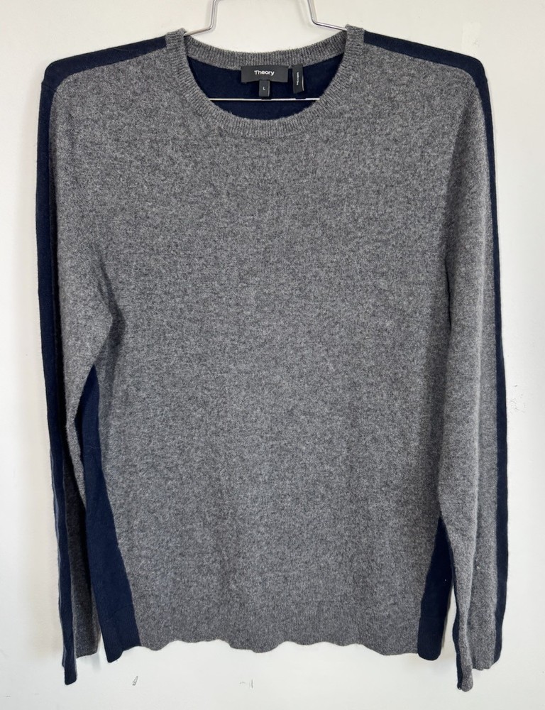 Theory Mens Hilles Cashmere Color Block Pullover Sweater Size L Classic Luxury